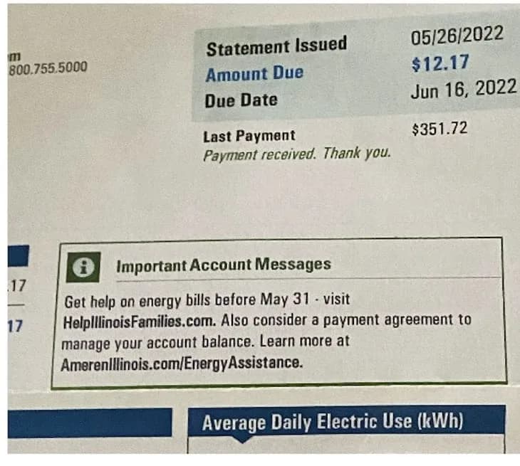 Jim's May 2022 Ameren Illinois statement showing $12.17 due. Account details removed.