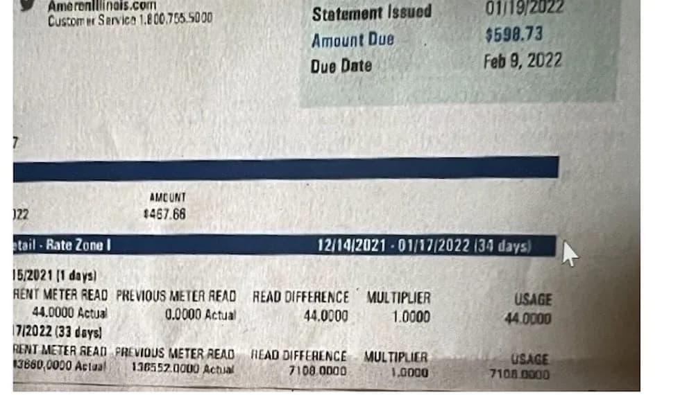 Jim's January 2022 Ameren Illinois statement showing $598.73 due and 7,108 kWh of usage. Account details removed.